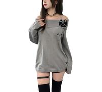 Women's Kawaii Embroidery Y2K Strapless T Shirt Sexy Slim One Shoulder Cute Patterned Casual Long Sleeve Tops Party Club Off Shoulder Tops (Grey,L)