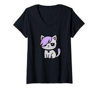Womens Kawaii Emo Cat Purple Hair Cute Pastel Goth Kitty V-Neck T-Shirt