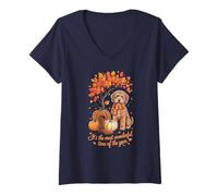 Womens Kawaii Fall Season Pumpkin Golden Doodle Lover Training Dog V-Neck T-Shirt