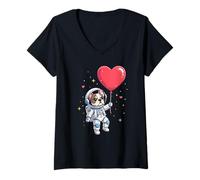 Women's Kawaii French Bulldog Astronaut Heart Balloon Valentines V-Neck T-Shirt