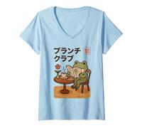 Womens Kawaii Frog Brunch Club Tokyo Street Cafe Japanese V-Neck T-Shirt