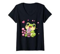 Women's Kawaii Frog Bubble Boba Tea V-Neck T-Shirt
