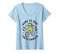 Womens Kawaii Frog Cyclist Japanese Tokyo Aesthetic Urban Biking V-Neck T-Shirt