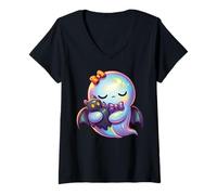 Womens Kawaii Ghost Coquette Bow Pastel Goth Cute Anime Witchy Girl V-Neck T-Shirt