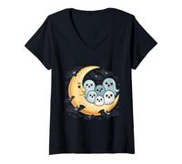 Womens Kawaii Ghosts and Moon Cute Halloween Bats Night Sky V-Neck T-Shirt