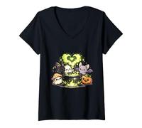 Women's Kawaii Halloween Witch Cauldron cat Ghost bat Pumpkin V-Neck T-Shirt