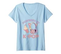 Womens Kawaii Headset Kpop Powered by K-Pop Heart K Pop Girl V-Neck T-Shirt