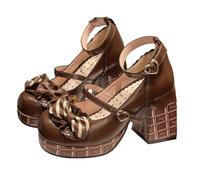 Women's Kawaii High Block Heel Mary Jane Rockabilly Pumps with Bow Lace Pearl Platform Chunky Heel Cute Sweet Shoes