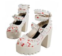 Women's Kawaii High Block Heel Mary Jane Rockabilly Pumps with Bow Lace Pearl Platform Chunky Heel Cute Sweet Shoes