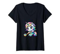 Womens Kawaii Hockey Unicorn 35 Rainbow Player Magic V-Neck T-Shirt