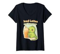 Womens Kawaii Iced Lattes and Cute Iguanas Coffee V-Neck T-Shirt