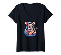 Womens Kawaii Kangaroo Playing Acoustic Guitar Cute Music V-Neck T-Shirt