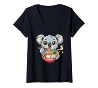 Women's Kawaii Koala Eating Ramen Soup Bowl Noodles V-Neck T-Shirt