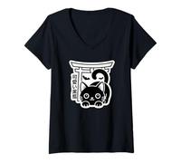 Womens Kawaii Kuroneko Torii - Tokyo Street Halloween Aesthetic V-Neck T-Shirt