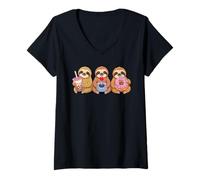 Womens Kawaii Lazy Sloth Milk Tea Video Game Gamer Donut Sloths V-Neck T-Shirt