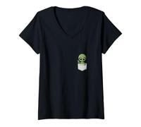Women's Kawaii Little Alien in Pocket Space UFO Cartoon V-Neck T-Shirt