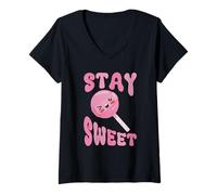 Women's Kawaii Lollipop Stay Sweet Cute Candy V-Neck T-Shirt