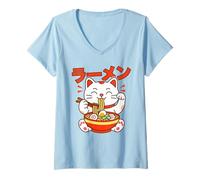 Womens Kawaii Lucky Cat Eating Ramen Japanese Noodles V-Neck T-Shirt