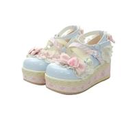 Women's Kawaii Mary Jane Shoes Kawaii Y2K Cross Strap Bow Buckle Thick Platform Shoes for Sweet Lolita Cosplay Party Daily (Blue,4.5)