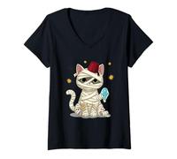 Women's Kawaii Mummy Cat with Ankh and Fez Hat V-Neck T-Shirt