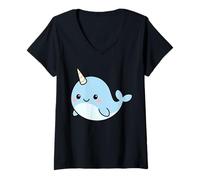 Womens Kawaii Narwhal Cartoon - Cute Blue Narwhal Illustration V-Neck T-Shirt