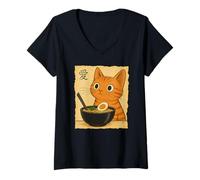 Womens Kawaii Orange Cat Eating Ramen Noodles Japanese V-Neck T-Shirt