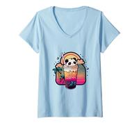 Women's Kawaii Panda Bubble Tea Retro Synthwave Sunset Summer V-Neck T-Shirt