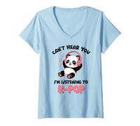 Womens Kawaii Panda Kpop Can't Hear You Listening to K Pop Girl V-Neck T-Shirt