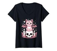 Womens Kawaii Pastel Goth Skull Celestial Cute Cat V-Neck T-Shirt