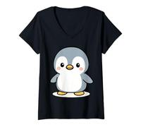 Womens Kawaii Penguin Cartoon Cute Winter Animal Illustration V-Neck T-Shirt