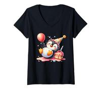 Women's Kawaii Penguin Celebration Cake Balloon Design V-Neck T-Shirt