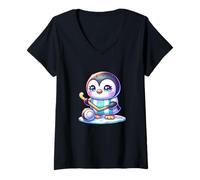 Womens Kawaii Penguin Ice Hockey H7 Jersey Player On Ice V-Neck T-Shirt