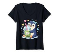 Women's Kawaii Penguin Matcha Boba Bubble Tea Pastel Cute Anime V-Neck T-Shirt