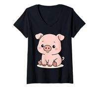 Womens Kawaii Pig Cartoon - Cute Farm Animal Design V-Neck T-Shirt