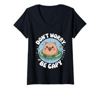 Womens Kawaii Pool Float Capybara Vibes | Dont Worry Be Capy V-Neck T-Shirt