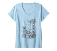 Womens Kawaii Post Office Tanuki Sleepy Racoon Dog Cozy Harajuku V-Neck T-Shirt