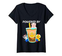 Womens Kawaii Powered by Bubble Tea Boba Milk Tea Tapioca Pearls V-Neck T-Shirt