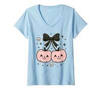 Womens Kawaii Pumpkin Cherries Coquette Bow Halloween Pastel Goth V-Neck T-Shirt