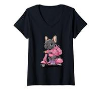 Womens Kawaii Puppy On Pink Moped French Bulldog Rider V-Neck T-Shirt