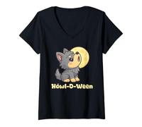 Womens Kawaii Puppy Wolf Howling Moon Chibi Spooky Halloween V-Neck T-Shirt