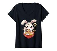 Women's Kawaii Rabbit Eating Ramen Soup Bowl Anime Noodles V-Neck T-Shirt