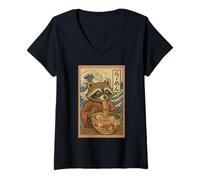Womens Kawaii Raccoon Eating Ramen Noodles Japanese V-Neck T-Shirt