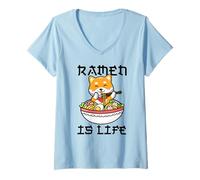 Womens Kawaii Ramen Shiba Inu Dog Anime Japanese Noodles V-Neck T-Shirt