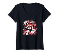 Women's Kawaii Red Panda Japanese Cherry Blossoms Sakura Flower Art V-Neck T-Shirt