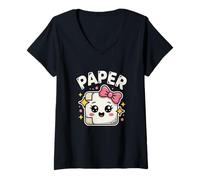 Womens Kawaii Rock Paper Scissors Paper Cute Bow Face V-Neck T-Shirt