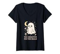Womens Kawaii Sad Ghost Cute Creepy Moon Aesthetic V-Neck T-Shirt