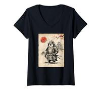 Womens Kawaii Samurai Penguin in Armor Japan Sunset V-Neck T-Shirt