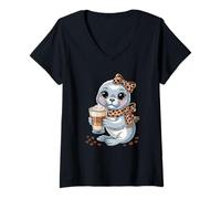 Women's Kawaii Seal with Latte Cup Cute Coffee Lover V-Neck T-Shirt