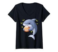 Women's Kawaii Shark Ocean Fish Munching Happily V-Neck T-Shirt