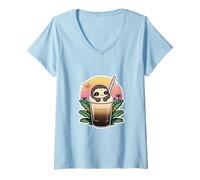 Women's Kawaii Sloth Bubble Tea Tropical Sunset Boba Drink V-Neck T-Shirt